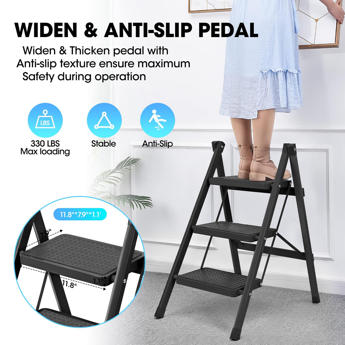 3 Step Ladder, Folding Step Stool for Adults, Lightweight Aluminum Step Ladder, Portable 330 LBS Capacity Ladders for Home Kitchen Library Office, Small Step Stools with Anti-Slip Wide Pedals