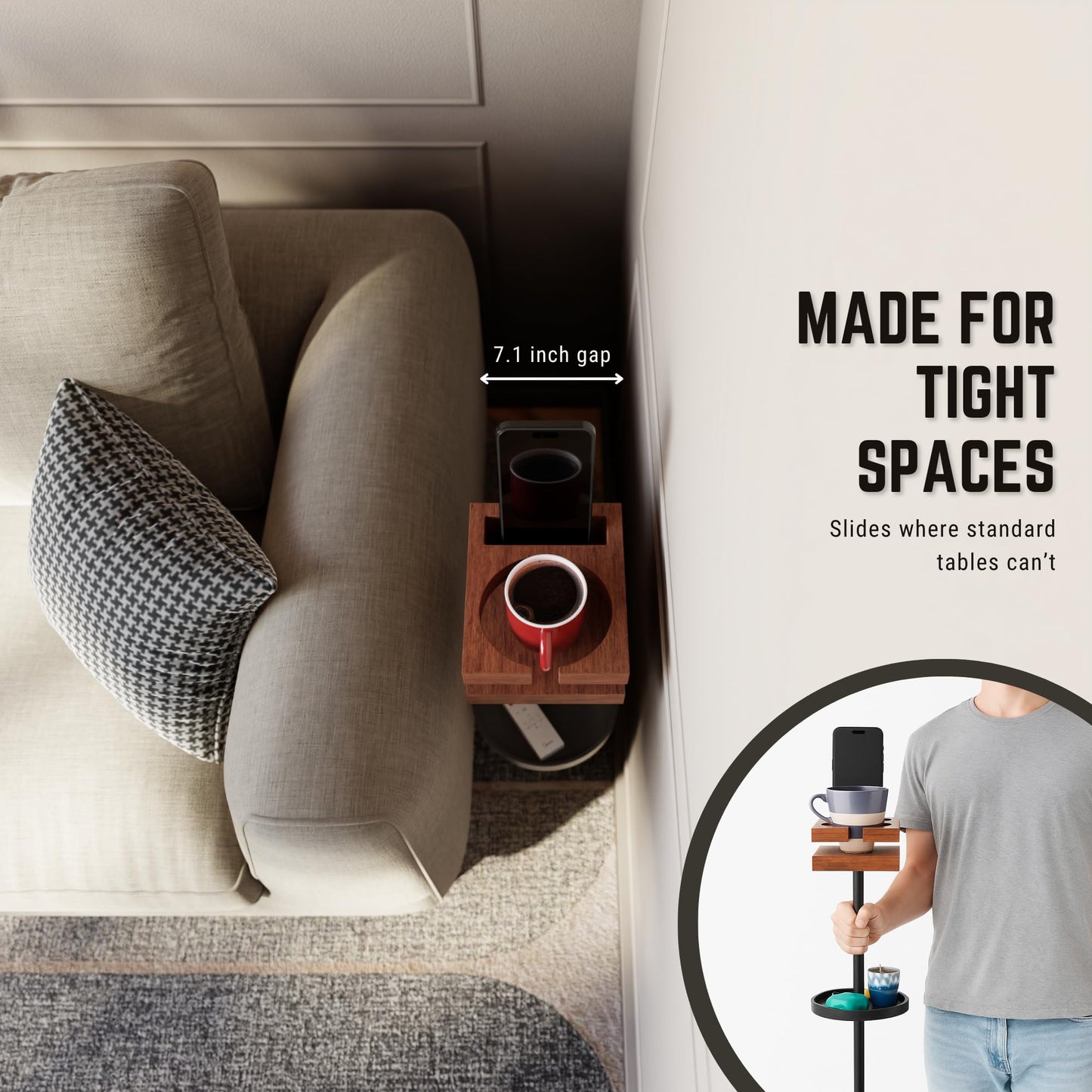 Bambrythm Drink Table for Small Spaces - Slim Pedestal Side Table with Real Wood Top & Stable Base for Coffee & Cocktails - Ideal for Tight Living Room & Bedroom Spaces (Sapele)
