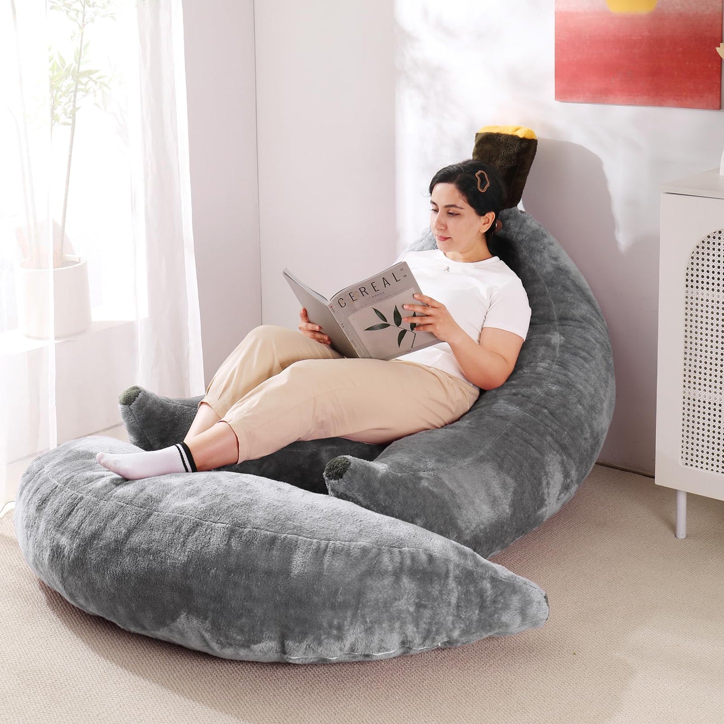 IEVENW Banana Bean Bag Chair with Ottoman, Floor Sofa Bed with Footrest, Comfy Convertible Lounger for Adults, Plush Couch for Bedroom, Living Room or Dorm, L-Grey