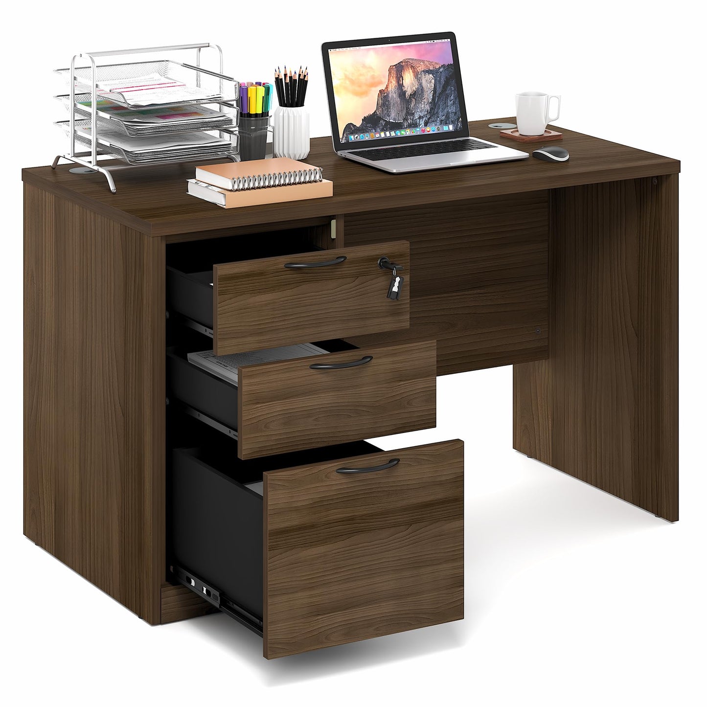 Furinno Roger 47 Inch Executive Desk with File Cabinet, Home Office Desk with 3-Drawer Fixed Pedestal Filing Cabinet, Desk Cord Grommet, for Home Office, Modern Walnut