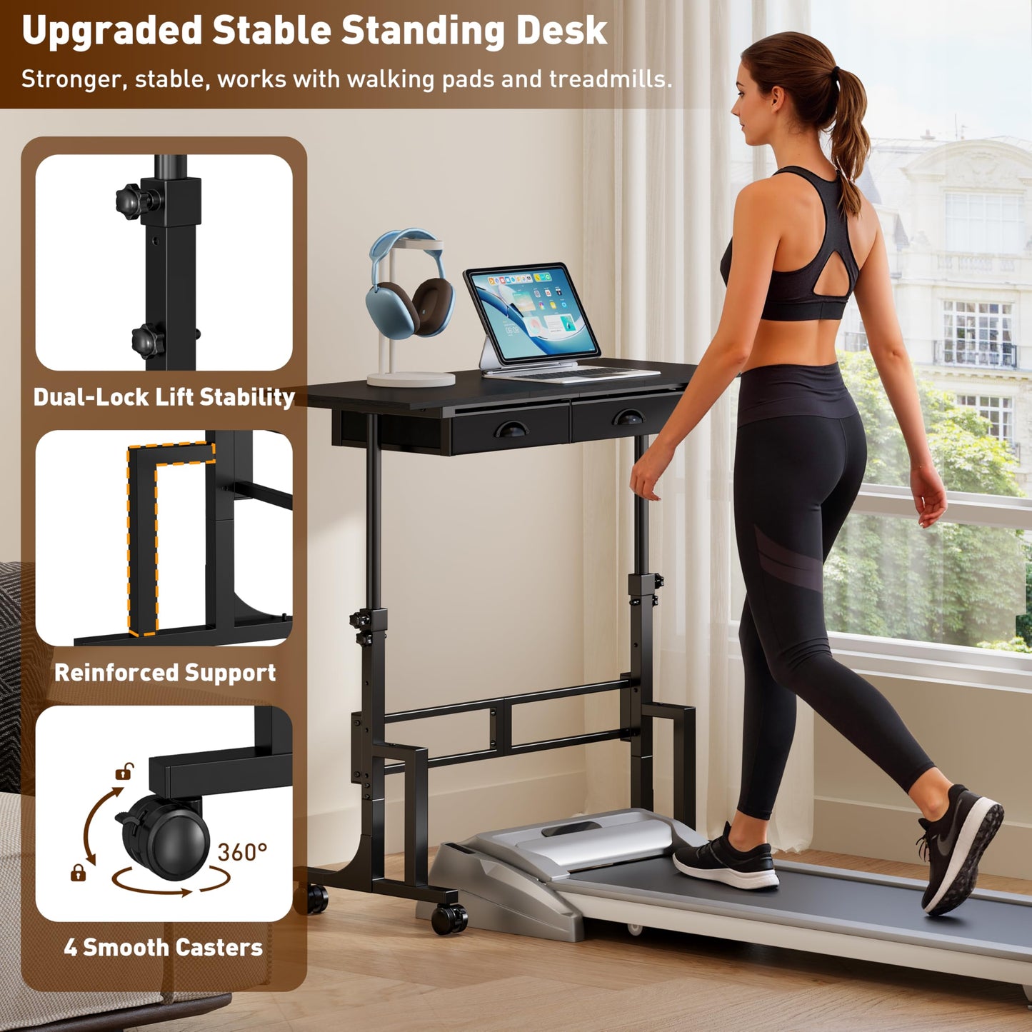 Jsskeeim Adjustable Standing Desk with Drawers, Rolling Sit Stand Desk with Wheels for Walking Pad, Small Mobile Computer Desk for Home Office, Portable Height Adjustable Desk 31.5"-43.3", Black