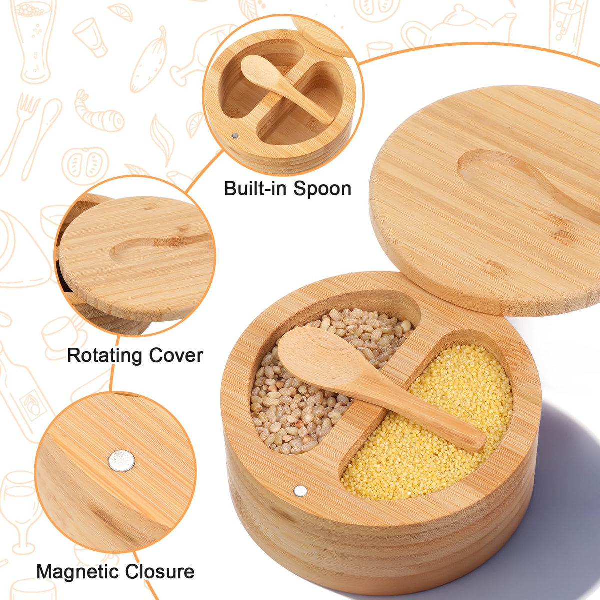 SHENLIU 2 Pack Acacia Wood Salt and Pepper Bowl Box, Built-in Spoon, 2 & 3 Compartments Spices Seasoning Container, Sea Salt Cellar Holder, Magnetic Swivel Lid Bamboo Salt Box for Salt Sugar Pepper