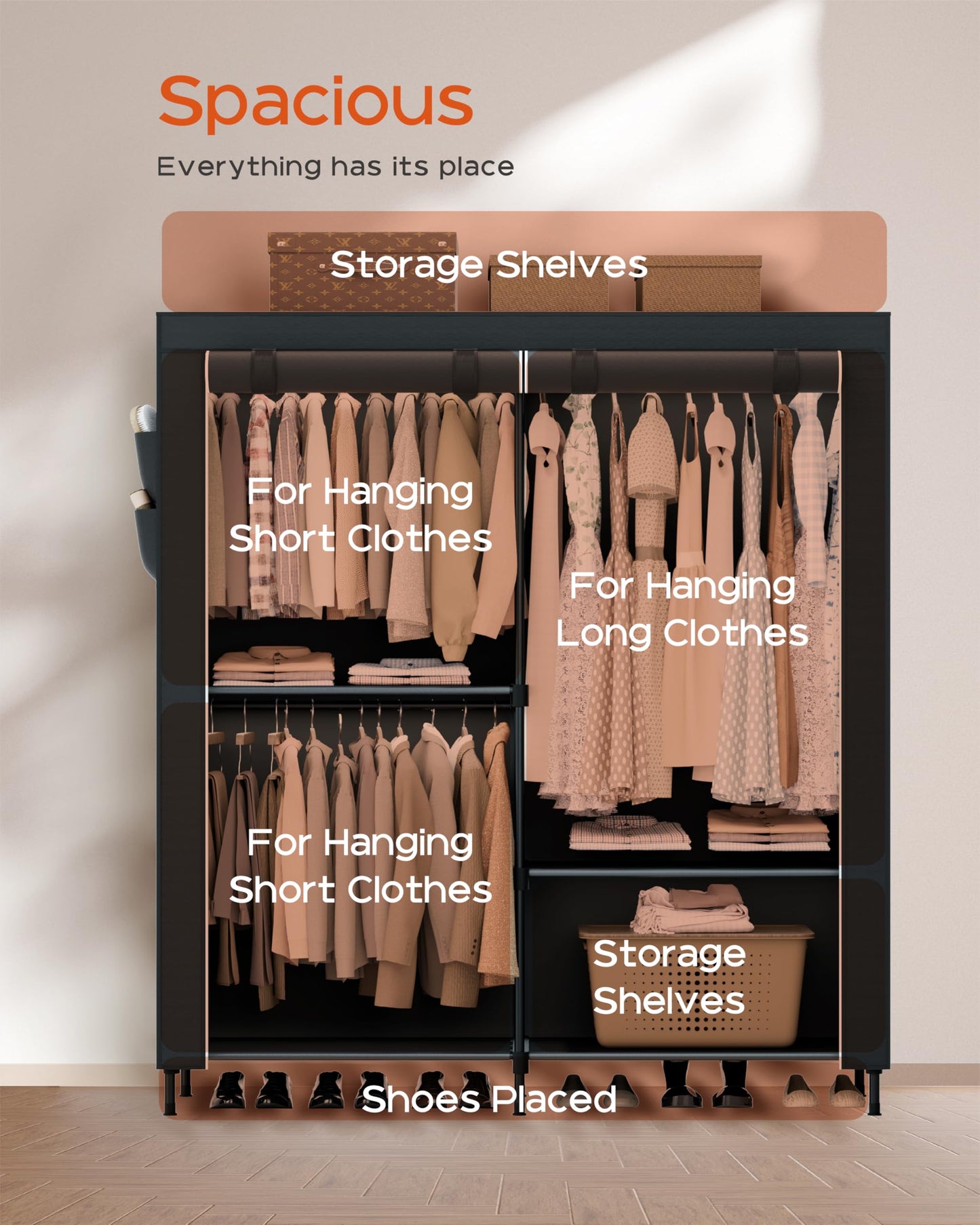 CASAMAYA Clothes Rack, Portable Closet, 54.7 Inch Large Capacity Wardrobe Closet with Cover, Clothes Storage Organizer with Shelves and 3 Hanging Rods, Easy to Assembly, Black PCT122B01
