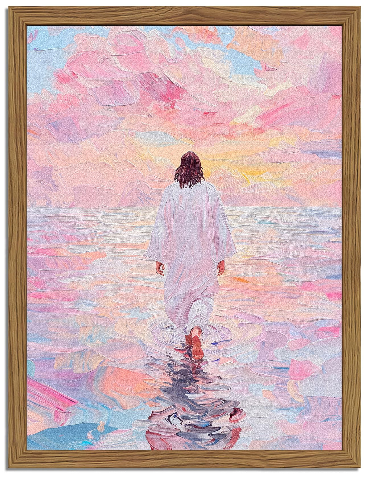 Pink Jesus Walking On Water Wall Art, Frame 3D Textured Hand Drawn Sandstone Christian Wall Decor Paintings Religious Savior Pictures for Living Prayer Room Bedroom, 12x16 in Wood Framed