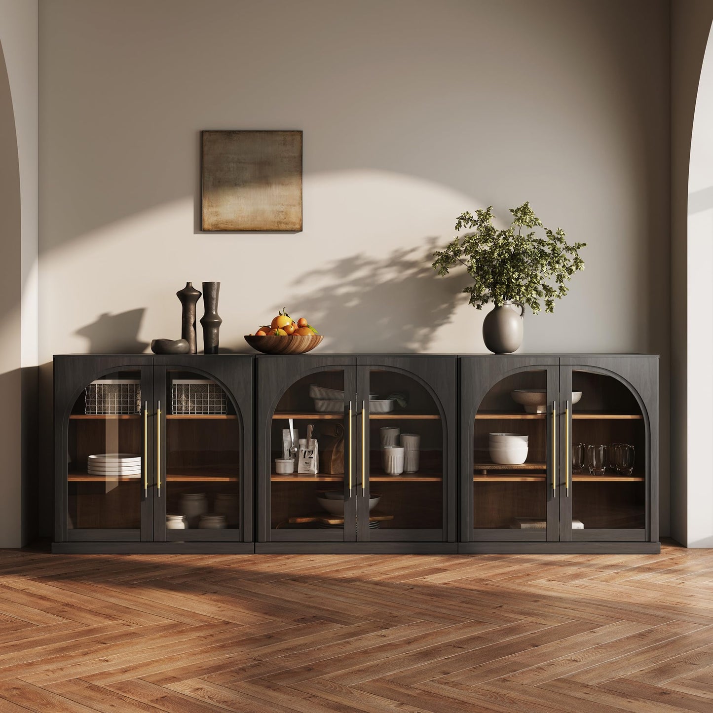 BELLEZE Set of 2 Modular Sideboard with Arched Glass Door, Accent Display Buffet Cabinet with Storage and Adjustable Shelves, 65'' Classic Modern Credenza for Living Room Kitchen Entryway (Ebony)
