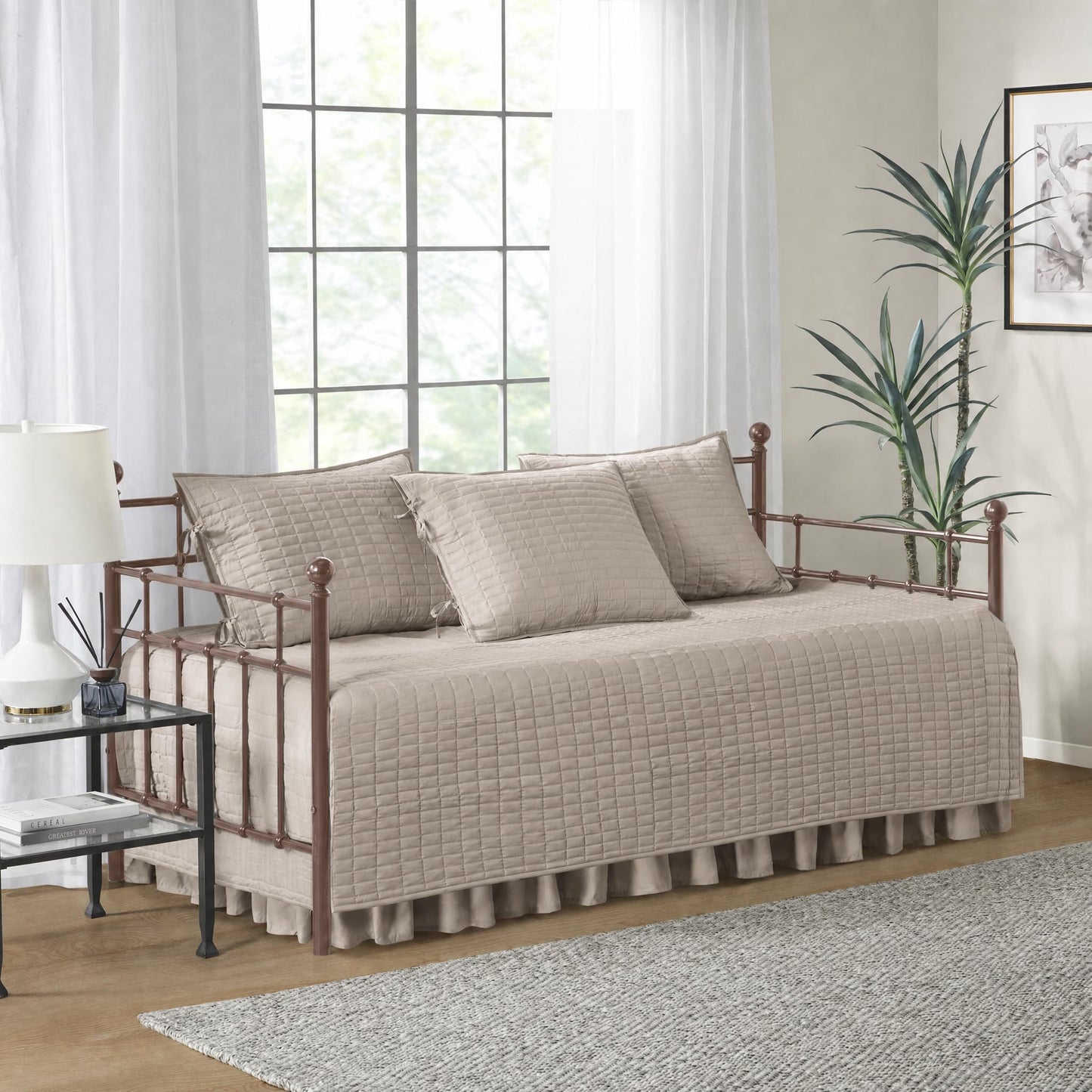Comfort Spaces Daybed Cover - Luxe Double Sided-Quilting, All Season Cozy Bedding with Bedskirt, Matching Shams, Kienna Taupe 75"x39" 5 Piece