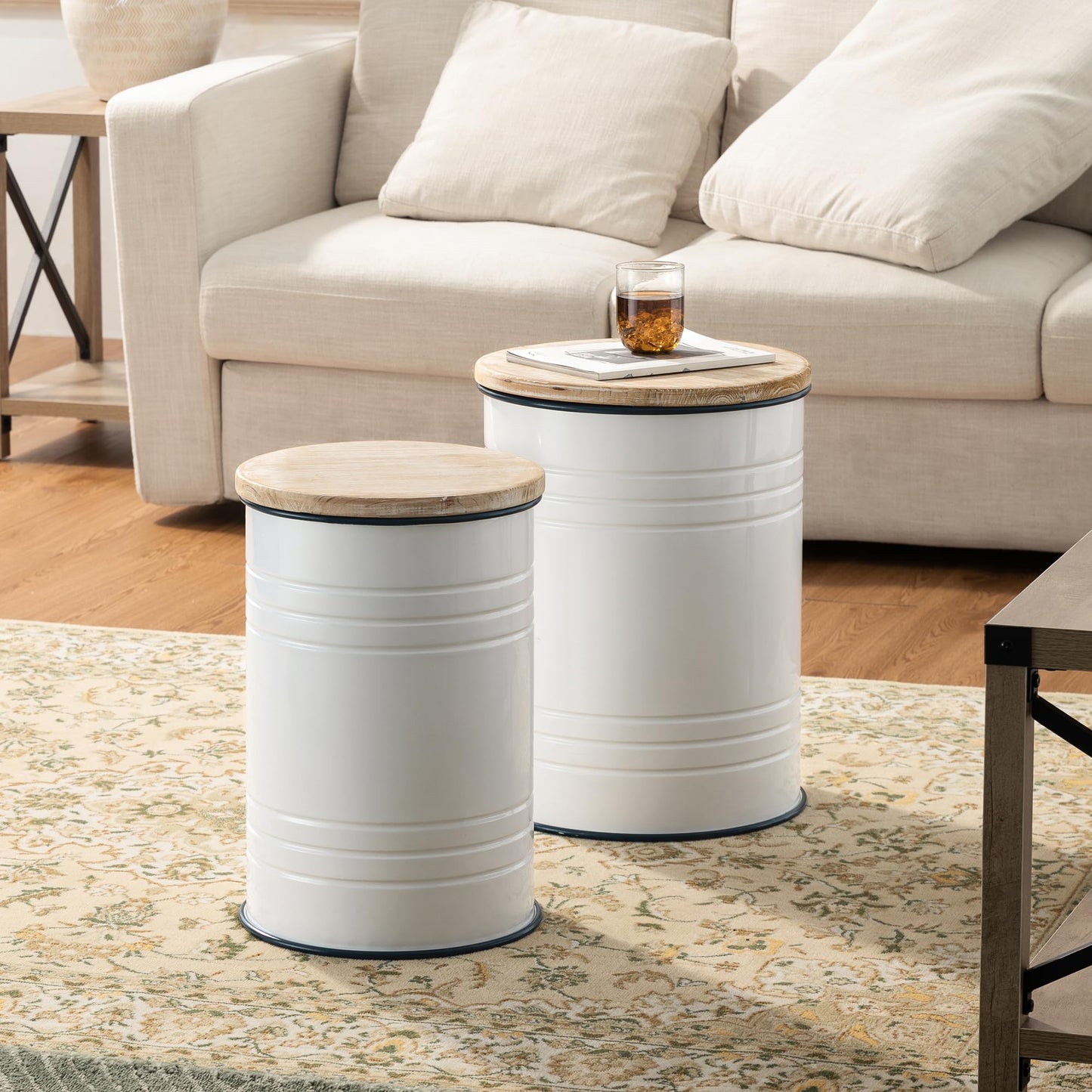Glitzhome Rustic Storage Ottoman Seat Stool, Farmhouse End Table, Galvanized Dark Blue Rim Imitation Enamel Accent Side Table Toy Box Bin with Round Wood Lid for Living Room, Set of 2, White