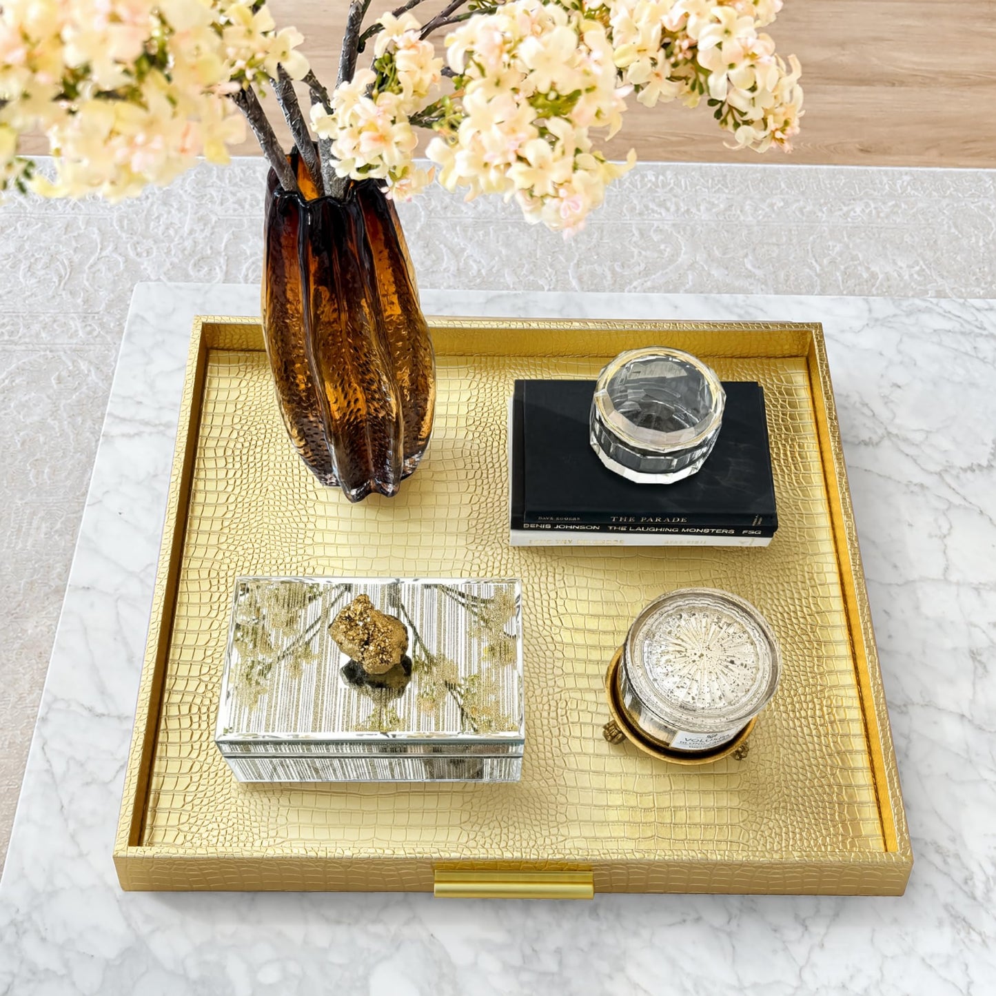 HofferRuffer Extra Large Square Serving Tray, Elegant Faux Leather Ottoman Tray with Gold Hardware Handles, Serve Tea, Coffee or Breakfast in Bed, 24 x 24 inches (Gold, 24" x 24" x 2")