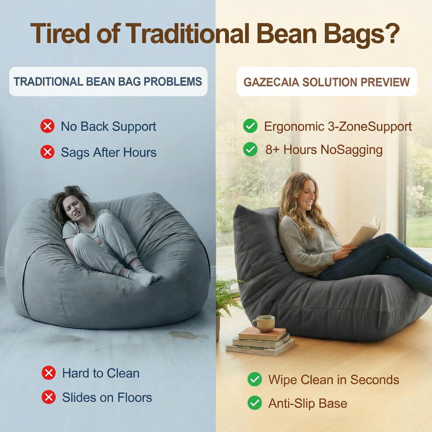 Gazecaia Comfy Bean Bag Chair for Adults Teens | Fireside Floor Lounge Chair,Soft Suede High-Resilience Memory Foam Bean Bag Couch with Non-Slip Base,for Living Room Bedroom Apartment Office,Dark Gray