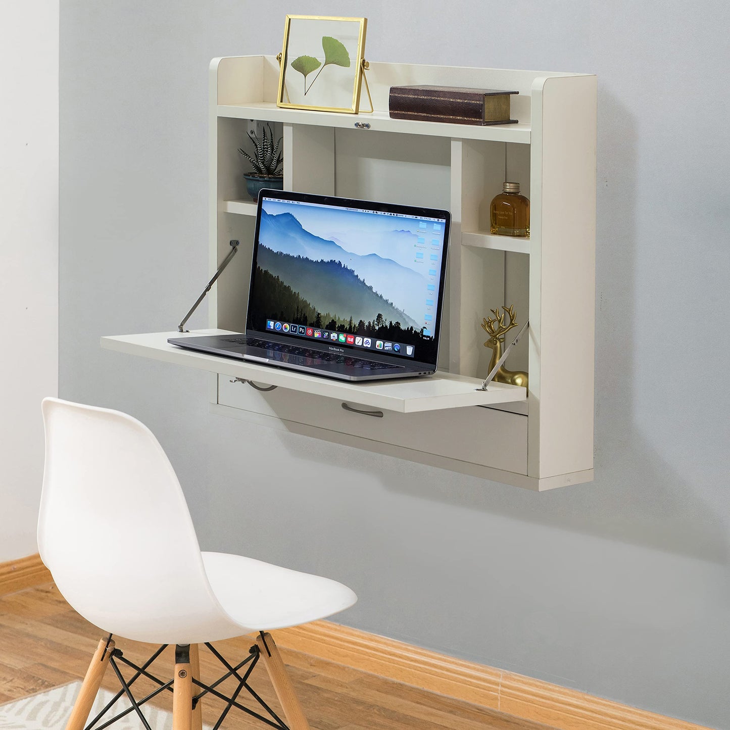 Basicwise Wall Mounted Folding Desk with Storage Shelves - Floating Table with Drawers, Space Saving for Small Spaces, 23.75 x 6.75 x 23 in, White for Home Office, Bedroom, Study, Dorm Room