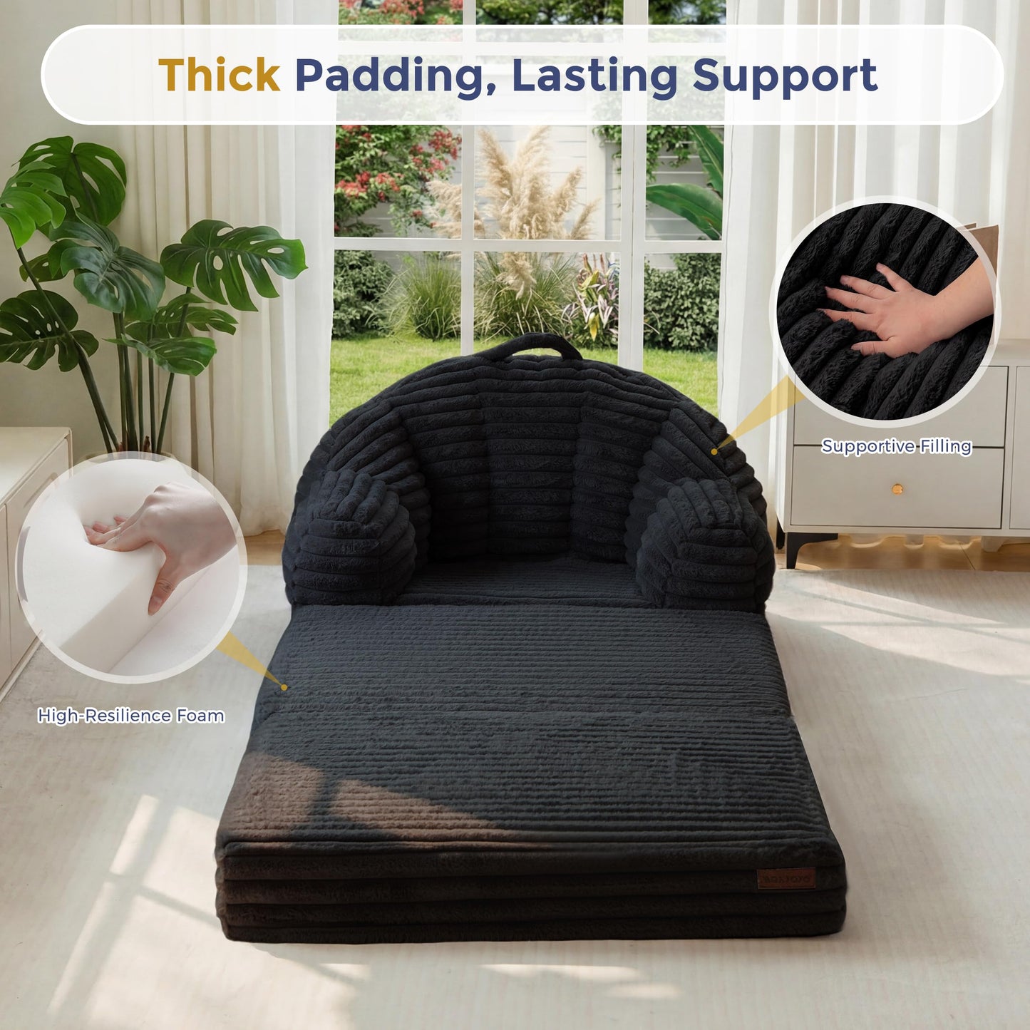 MAXYOYO Folding Sofa Bed, 2 in 1 Convertible Sofa to Lounger Comfy Faux Fur Bean Bag Chair for Adults, Floor Single Couch Chair with Handle, Couch Bed for Living Room Bedroom, Black