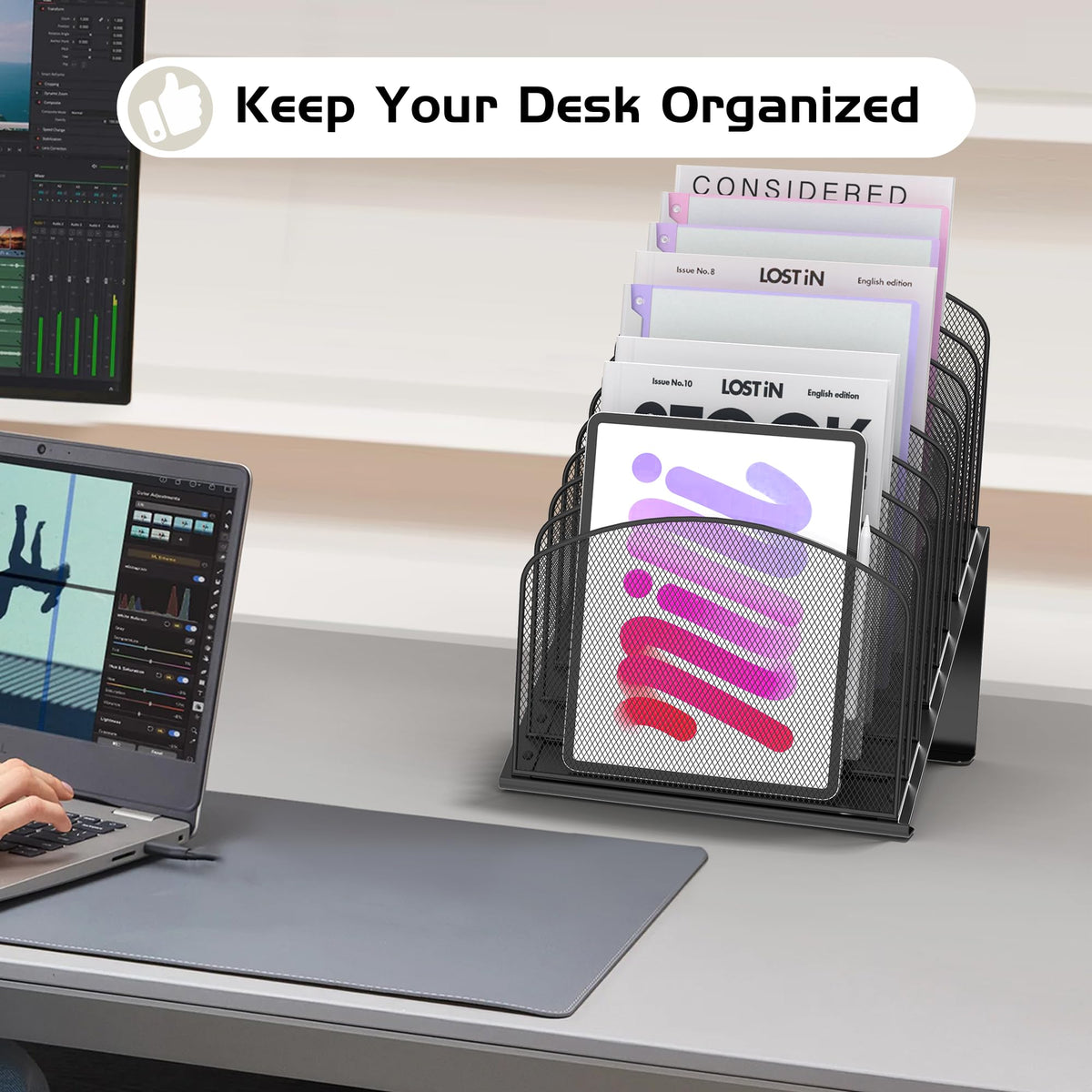 Inclined Desk File Organizer Metal Desk Magazine Folder Holder with 8-Section Vertical Compartments Rack File Organizer for Office, Home, School, Black