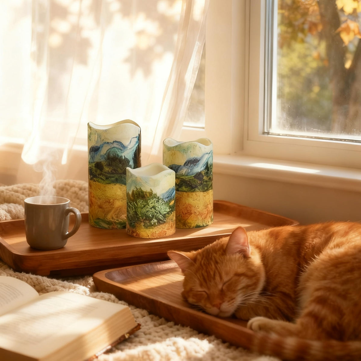 NjaoHoo Flameless Candles 4" 5" 6" Set of 3 Indoor Outdoor Pillars Battery Operated Flickering Candles 10-Key Remote Timer Van Gogh Art Painting Style(Wheat Fields Printed)