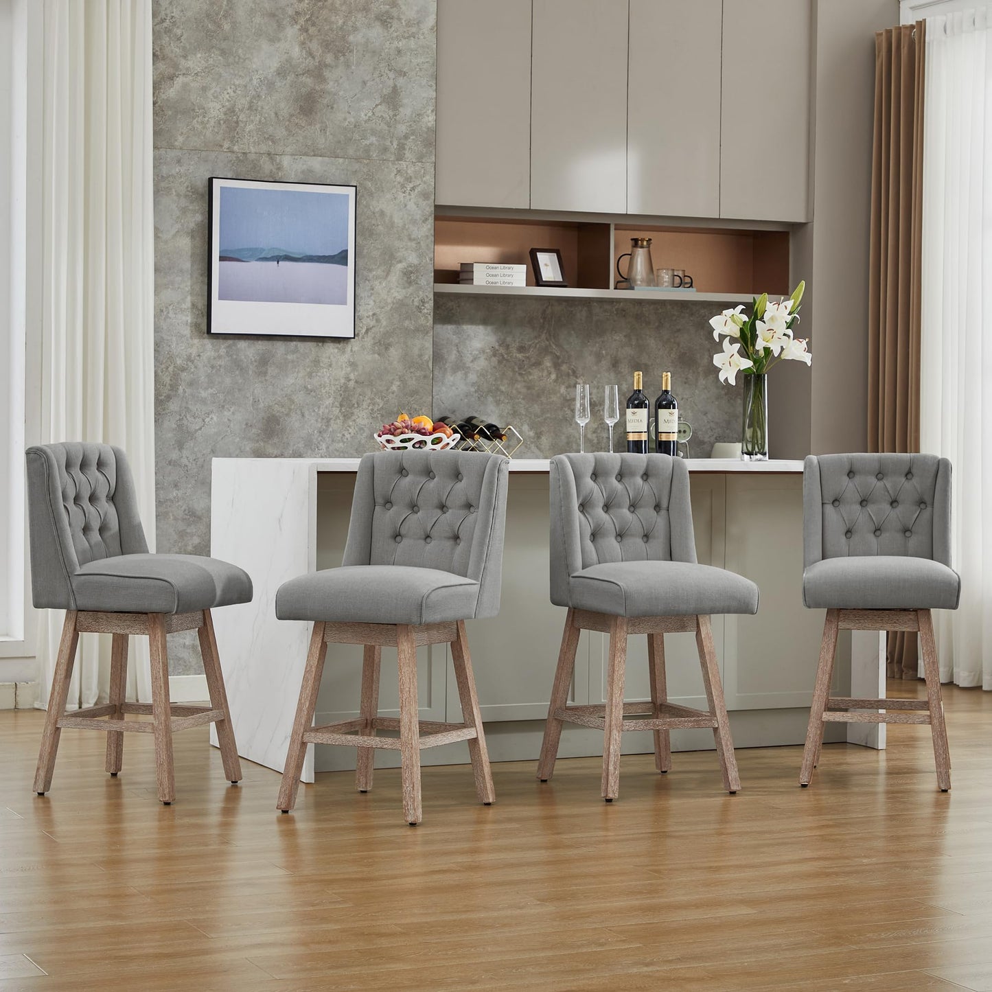UDAX 26" Swivel Bar Stools Set of 4, Counter Height Barstools with Back, Linen Fabric Upholstered Bar Stools, Modern Barstools Wood Legs for Kitchen Island Dining Room Bar