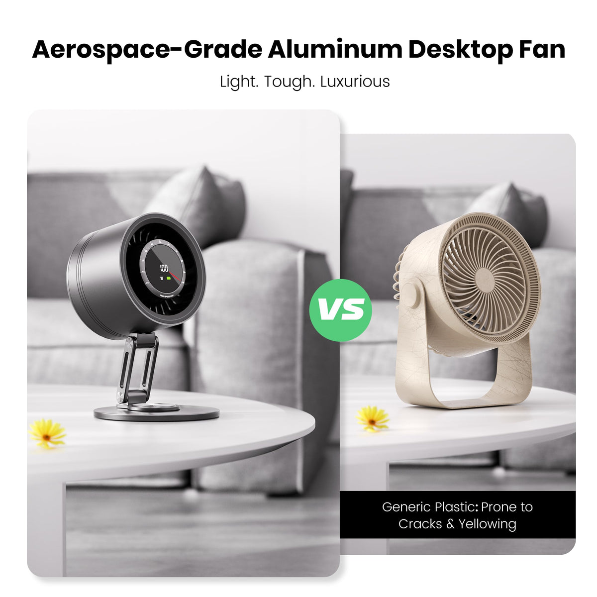 Yibest Titanium Alloy USB Desk Fan, Foldable 3D Airflow Desk Air Circulator, 23dB Quiet BLDC Motor,10 Speeds with LED Display for Home, Office & Outdoor