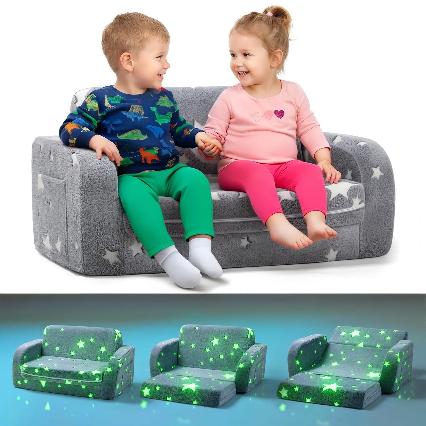 little dove 3-in-1 Extra Wide Convertible Kids Couch, Flip Open Kid Sofa, Machine-Washable Kid Couch for Girls, Kids Sofa for Fun Playtime, Grey, Flannel