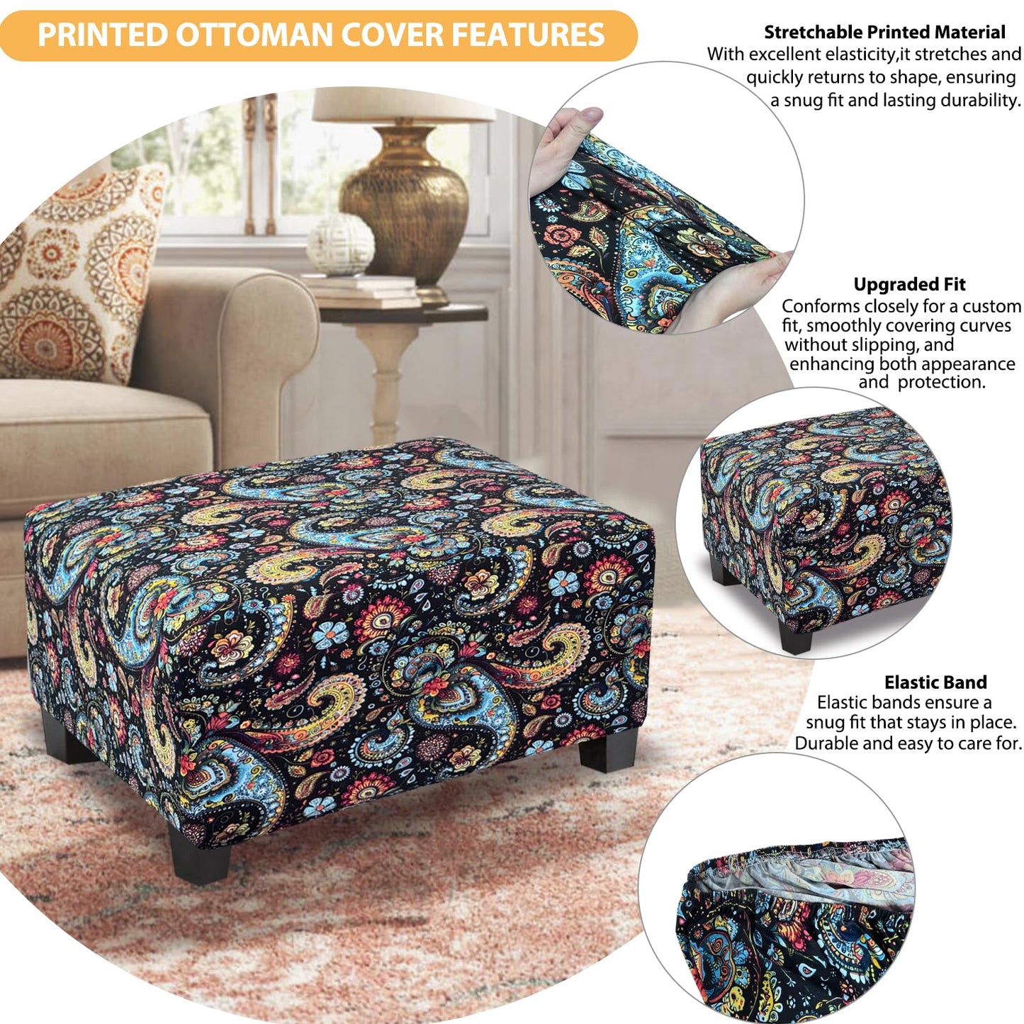 TOPHMDECOR Ottoman Cover Rectangle Printed,Stretch Footstool Slipcover with Elastic Bottom,Soft Fabric Protector for Rectangular Ottoman in Living Room or Bedroom,Medium,Flower F