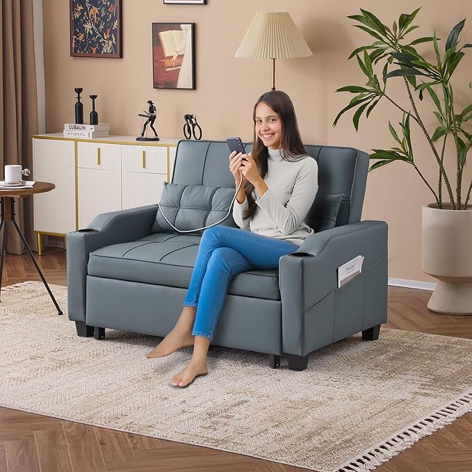 VINGLI Convertible Loveseat Sleeper Sofa, Cup Holders, Armrest