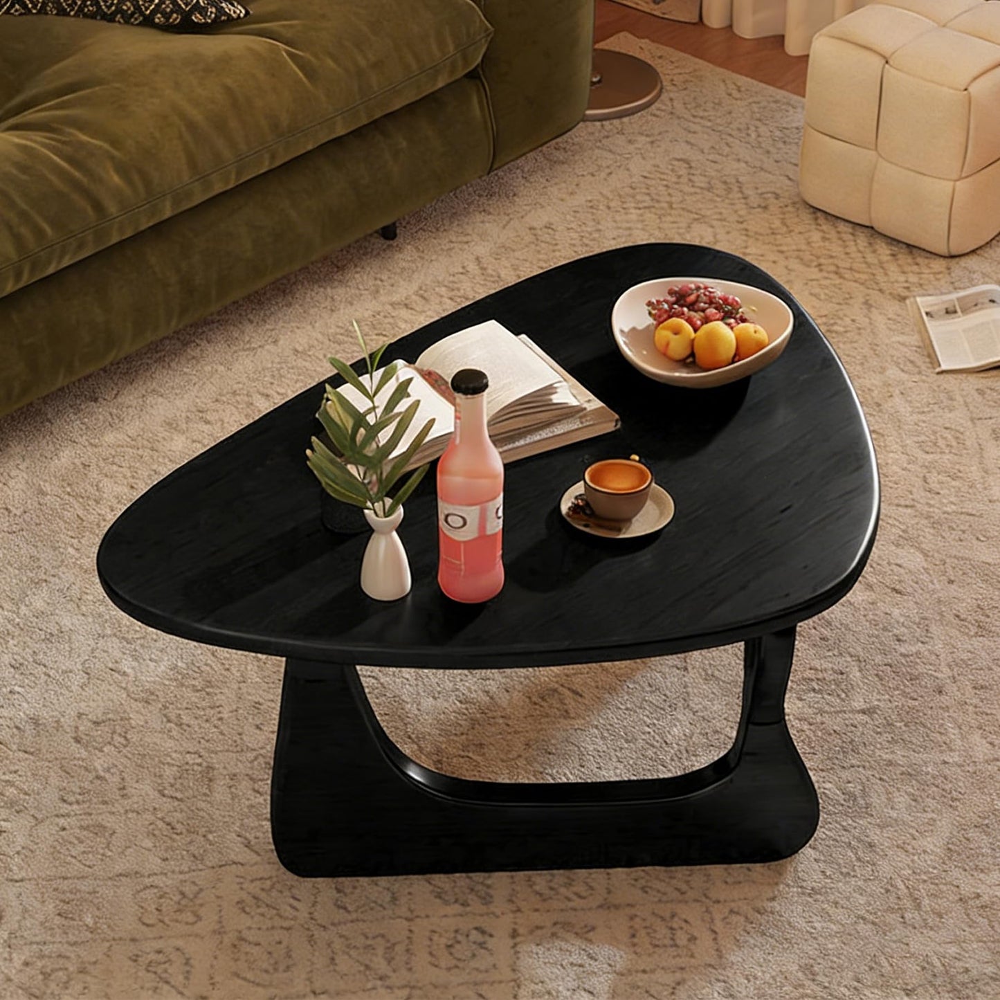 Coffee Table Solid Wood Oval Rustic Mid-Century Modern Low Center Table for Living Room, Office, Small, Black, 34.3", Easy to Install