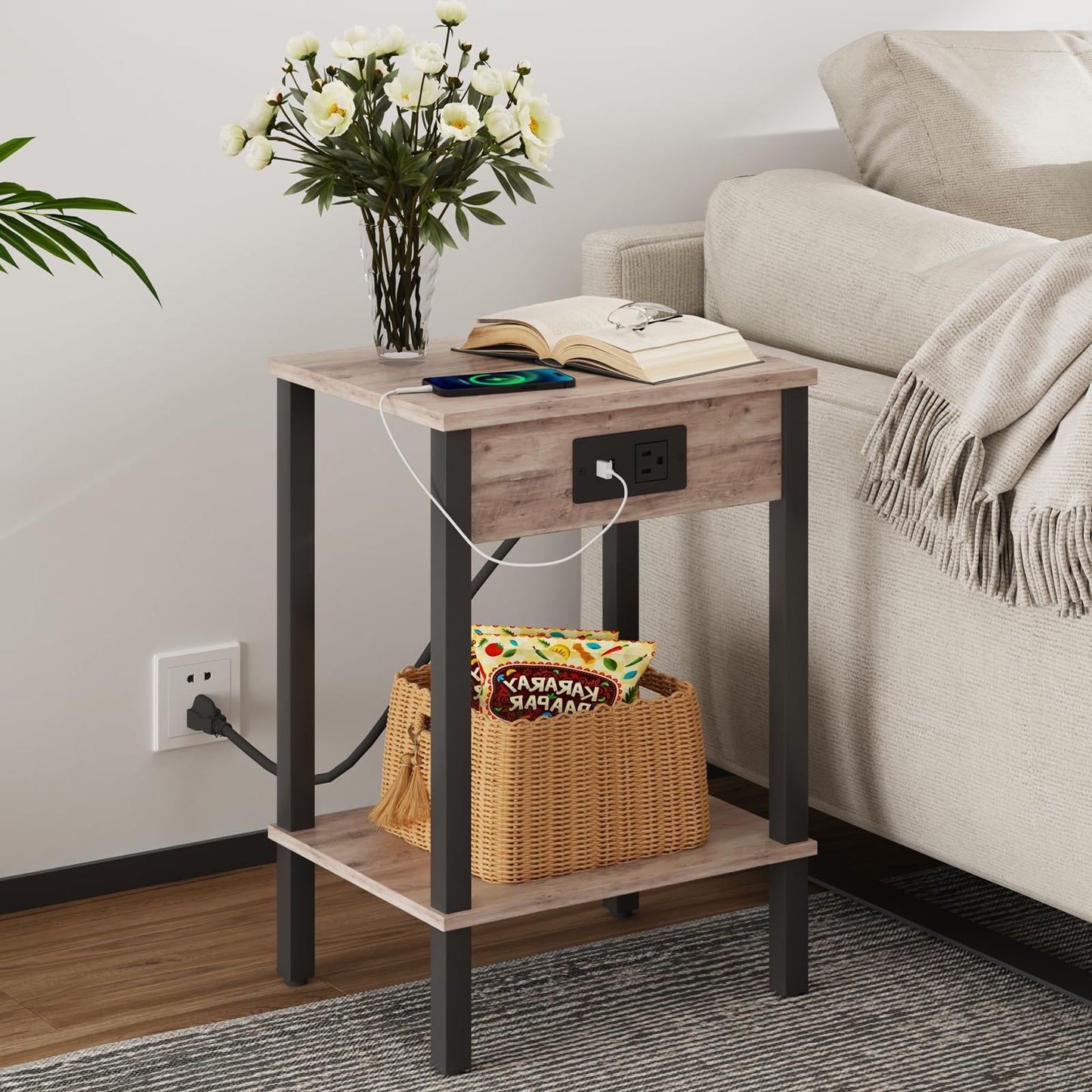VIMBER Side Table with Charging Station, Set of 2 End Tables with USB Port and Outlets, Nightstands with 2-Tier Storage Shelves, Sofa Table for Small Space, Living Room, Bedroom, Greige