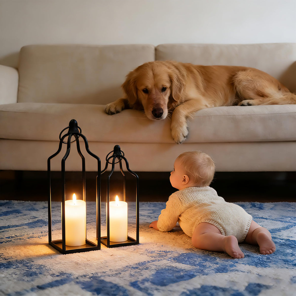 Rustic Farmhouse Decor Metal Lantern Set of 2 Decorative Lanterns for Home Indoor Outdoor Living Room, Fireplace, Patio, Wedding & Kitchen Table Centerpieces (Black, 14.5" 12.2")