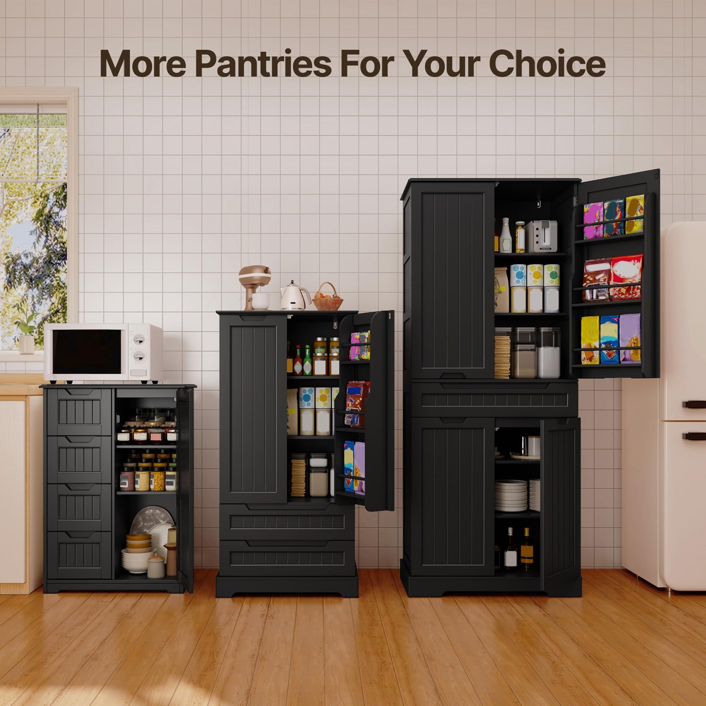 Gizoon Small Pantry Cabinet with Door and Shelves, 33'' Kitchen Pantry Cabinet Freestanding Wooden Bathroom Storage Cabinet with 4 Drawers for Kitchen and Dining Room, Black, Painted