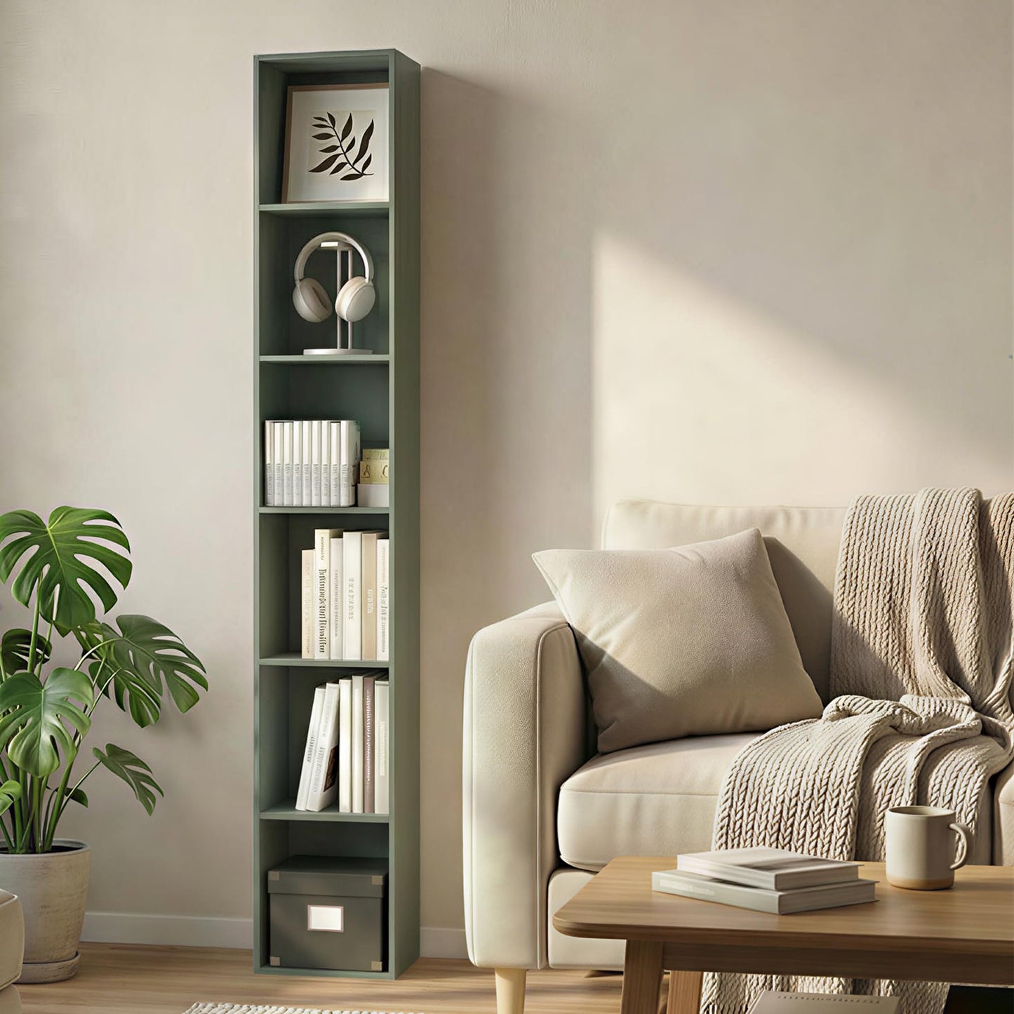 Furinno LUDER Book Shelf, 6-Tier Tall Modern Bookshelf, Bookcase with Open Shelving, Floor Standing Shelves, 9.3 x 12 x 71, for Living Room, Bedroom, Home Office, Sage Green