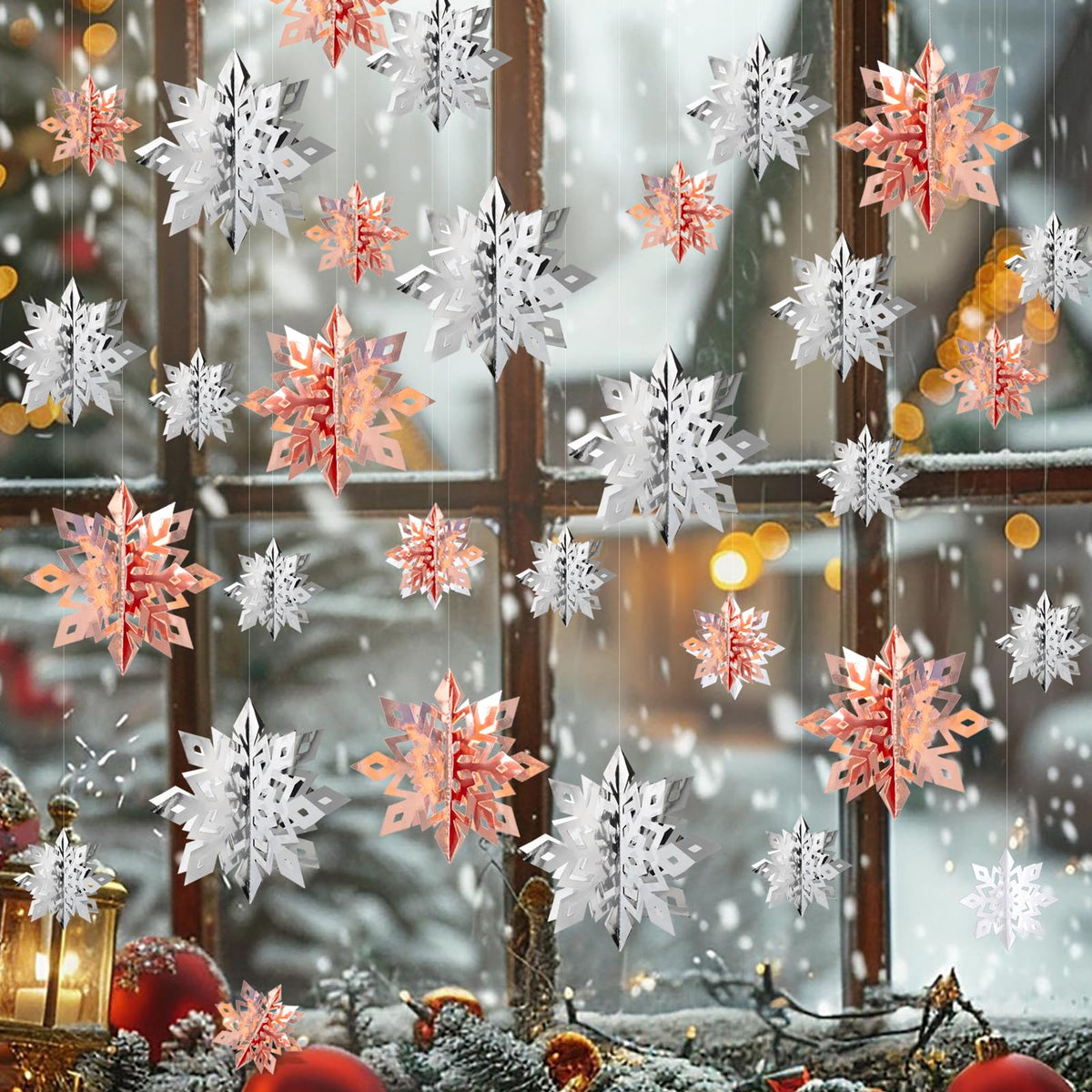 OuMuaMua Winter Christmas Snowflake Decorations Indoor, 24PCS 3D Silver Rose Gold Snowflakes Christmas Hanging Ornaments for Home Xmas Christmas Holiday Winter Wonderland New Year Party Decor Supplies
