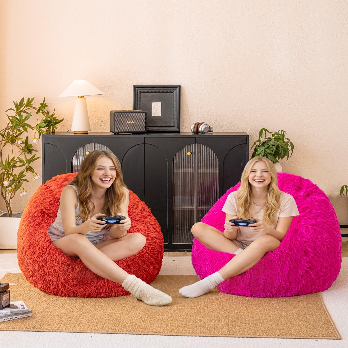 Burnt Orange plush bean bag chair covers (No Filler), comfy Faux Fur Burnt Orange bean bag chair Cover for bedroom, stuffed animal Storage, kids adults teens girls bean bag chairs, Anti-Slip