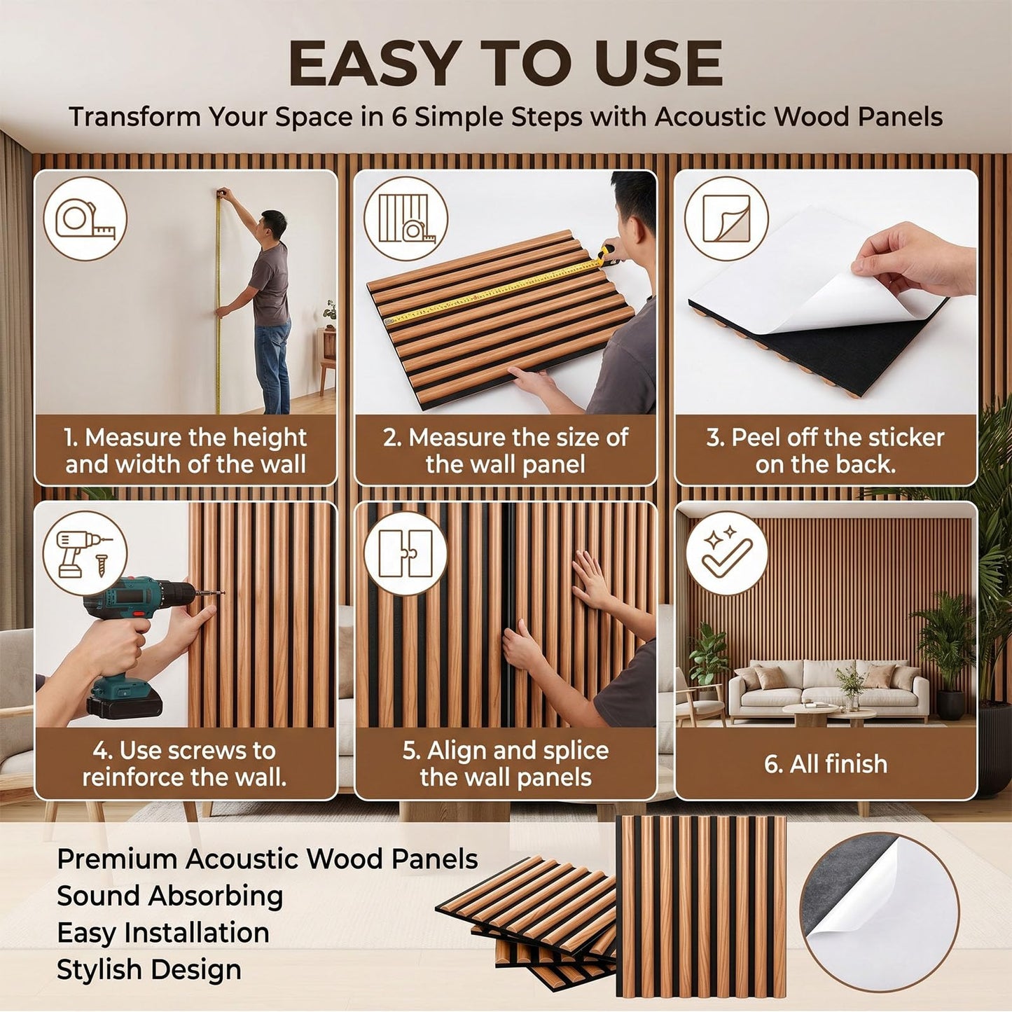 Nuanchu 4 Piece 12.6x11.81“ Wood Slat Acoustic Panels Walnut Semicircle Soundproofing Fluted Wall Panels 3D Decorative Acoustic Wallpaper for Ceiling School Classroom Home Living Room Bedroom