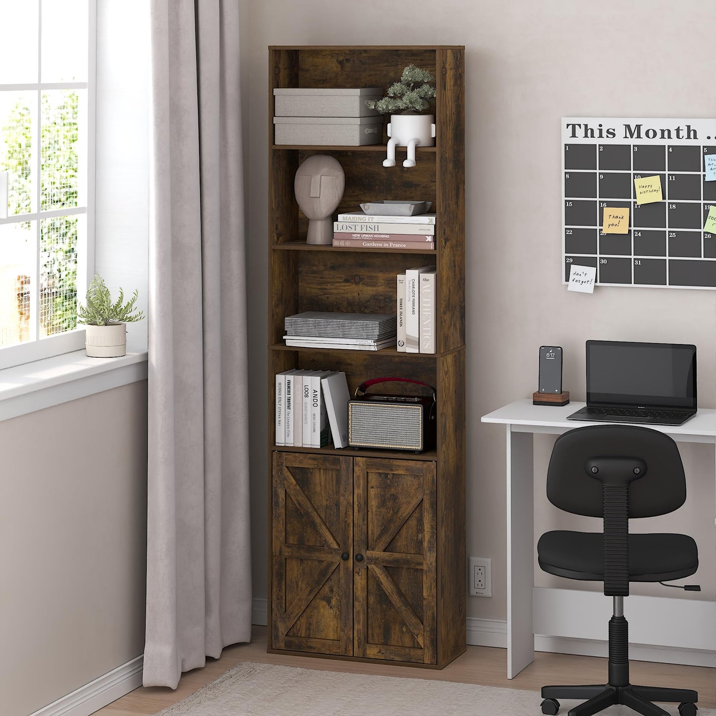 Furinno Jensen Book Shelf, 6-Tier Farmhouse Bookshelf, Display Bookcase with Doors, 9.2" x 21.6" x 71.2", for Organization and Storage, for Living Room, Bedroom, Home Office, Amber Pine