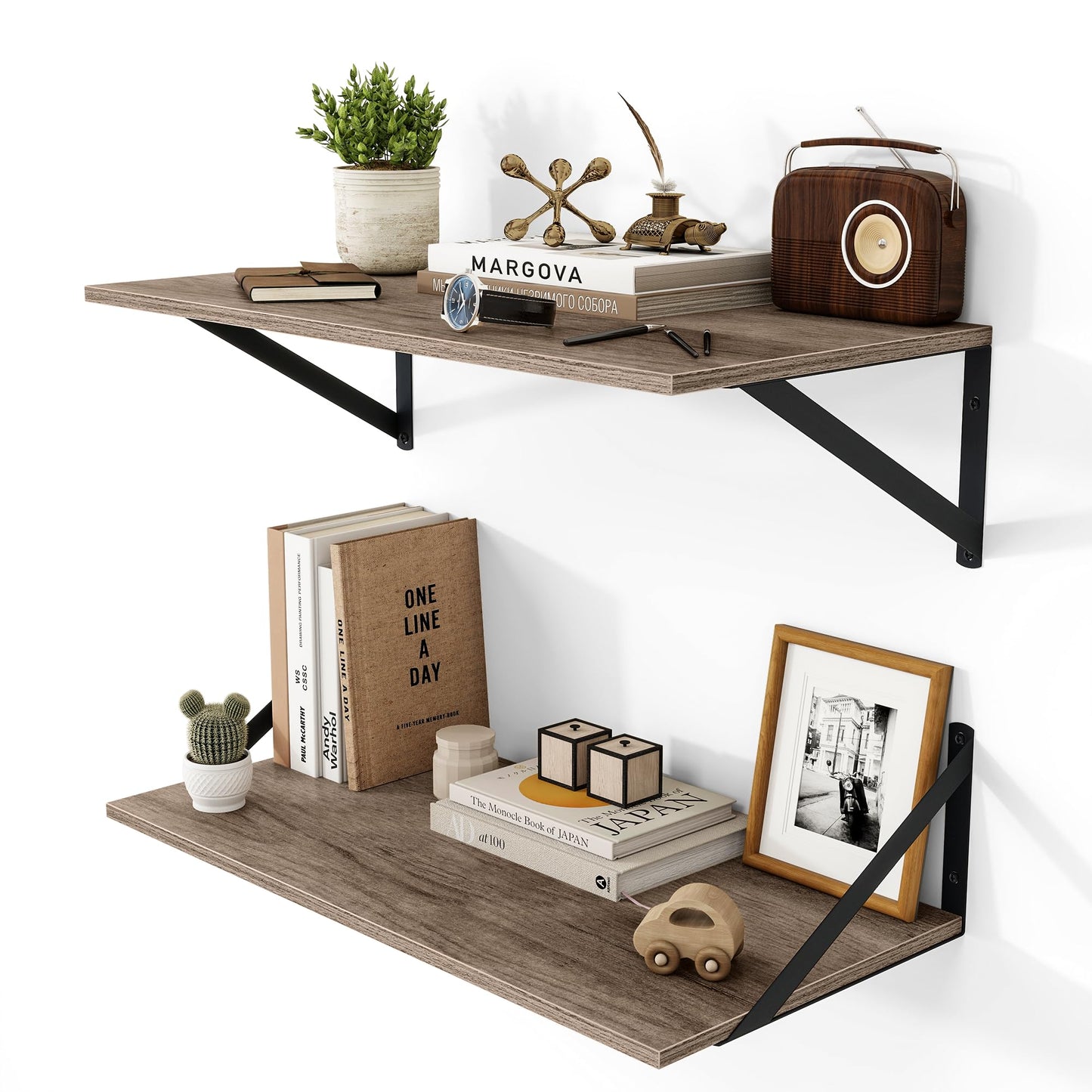 Heimlove Deep Floating Shelves for Wall, 24W x 12D Rustic Grey Wood Wall Shelves Set of 2, Large Floating Shelf for Living Room, Kitchen, Office, Bedroom and Decor Storage, with Metal Bracket - Grey