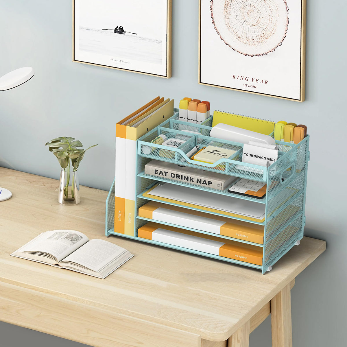 OrgMate 5 Tier Paper Letter Tray with File Holder and 3 Drop-in Pen Holders, Mesh Desk File Organizer with Handle, Desk Organizers and Accessories for School,Home, Office Supplies Storage-Blue
