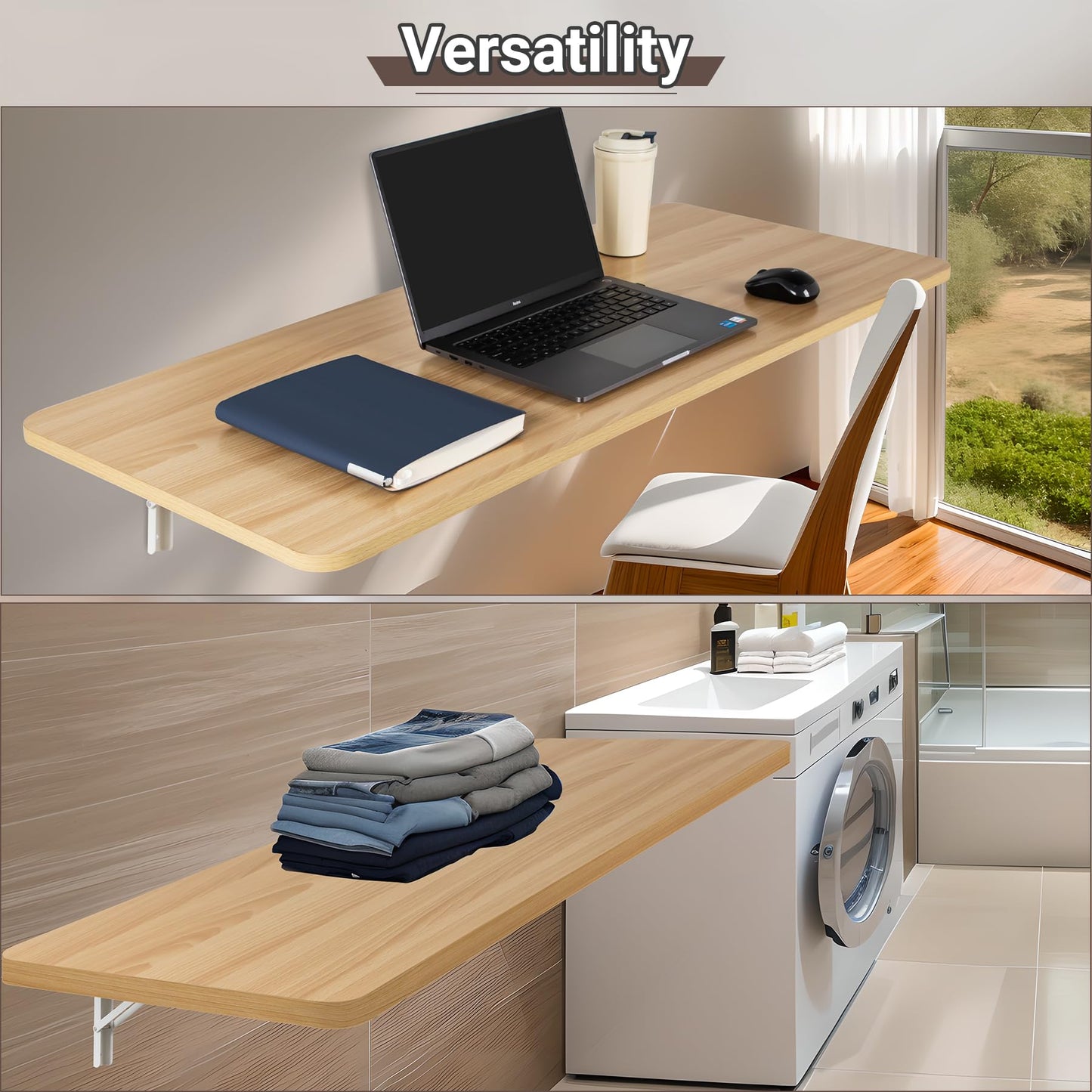 Neoaider Wall Mounted Folding Table 47.2”L x 19.7”W, Laundry Folding Table with Heavy Duty Metal Collapsible Shelf Brackets, Wall Mounted Desk Fold Down for Small Spaces, Wood Color