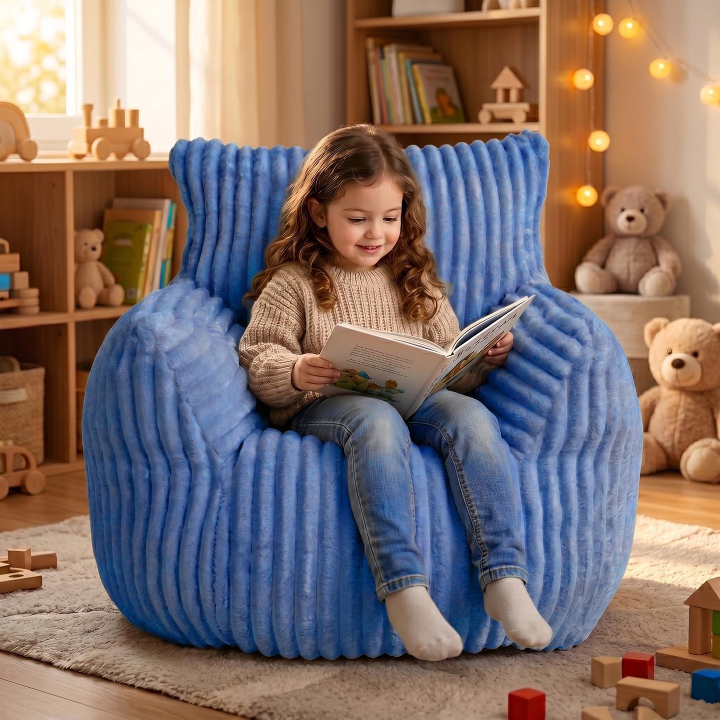 MaxiBean Bean Bag Chair - Plush Faux Fur Floor Seating Furniture Bean Bag Chair for Living Room, Bedroom, Playroom (2.5FT Stripe Blue)