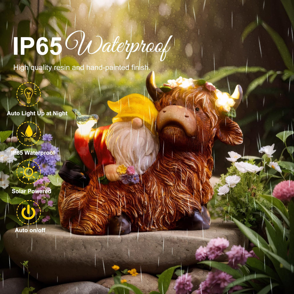 Pohabery Garden Gnome Statue - Highland Cow with Solar Flower LED Lights and Bird - Funny Outdoor Decor for Table, Patio, Lawn - Unique Birthday Gifts for Mom, Women, and Christmas Decorations