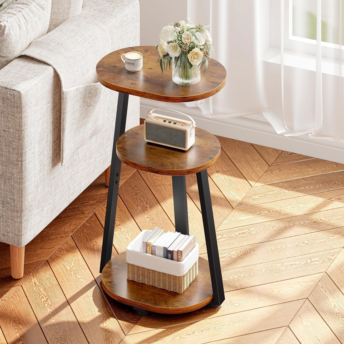 Kalrin Side Table, Small End Table with Metal Frame, 3-Tier Bedside Tables, Round Side Tables for Living Room Bedroom Couch Bathroom, Oval, Vintage Brown