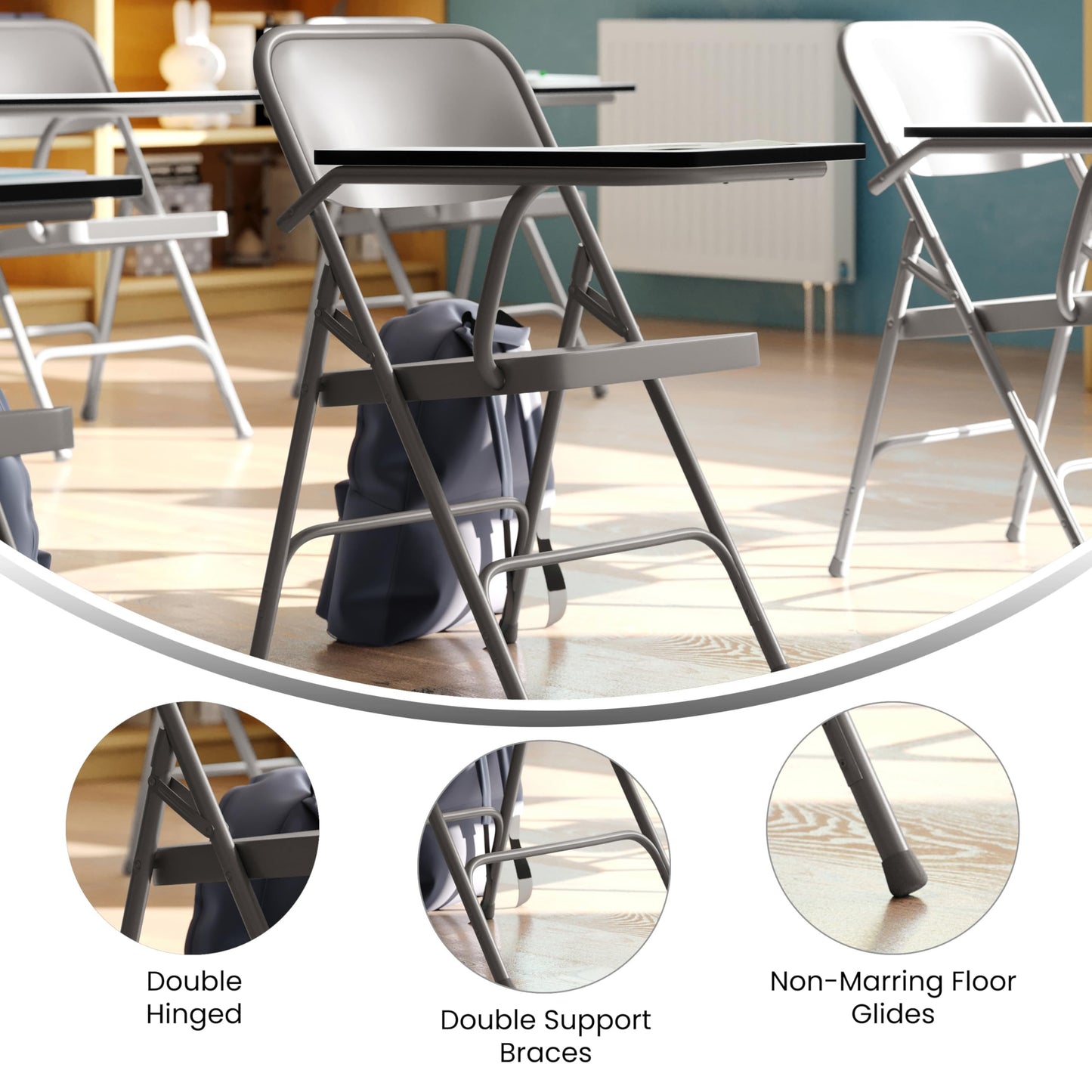Flash Furniture Rutherford Steel Folding Chair with Right Handed Tablet Arm, Commercial Foldable Conference Room Tablet Arm Chair, Set of 2, Gray