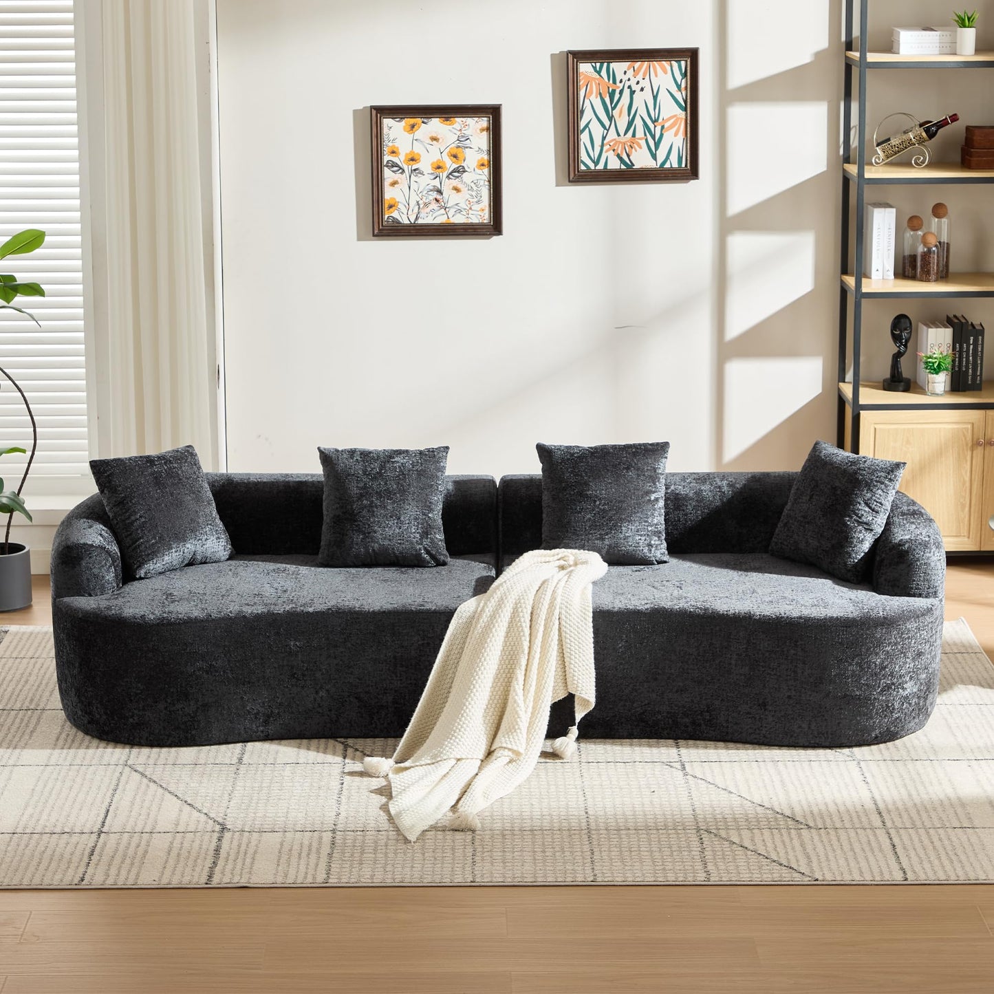 Sectional Sofa, Curved Cloud Sofa Couch, Chenille Full Sponge Chaise for Living Room, Apartment (Black, 110 Inch)