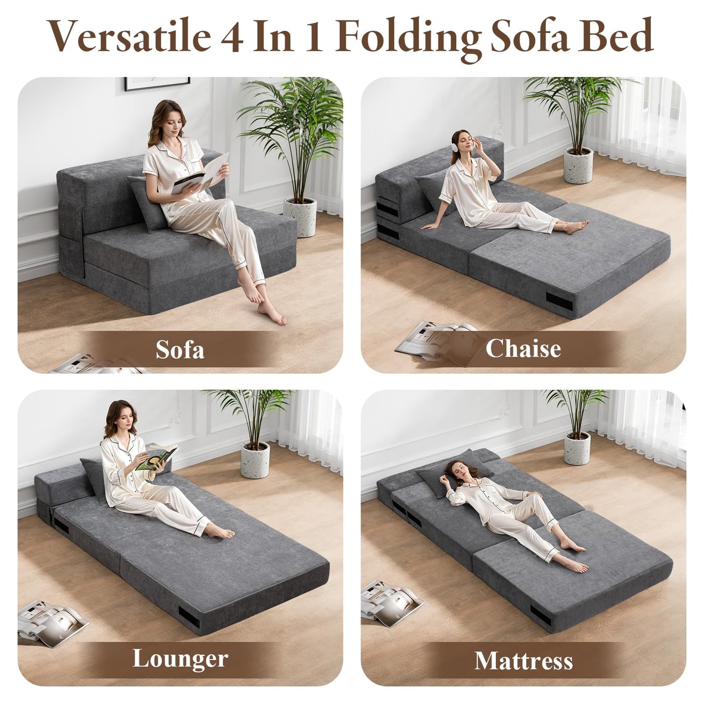 HOMFINE Folding Sofa Bed - Convertible Sleeper Chair with Pillow, Fold Out Couch, Memory Foam Floor Mattress, Futon Couch, Lazy Sofa for Living Room/Dorm/Guest Room/Home Office, Twin, Grey