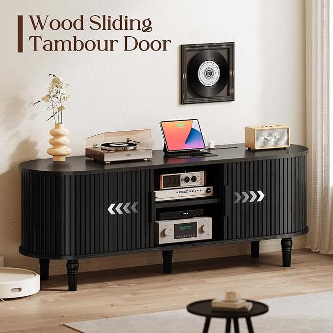 TV Console with Power Outlet-55" Entertainment Center with Sliding Tambour Door