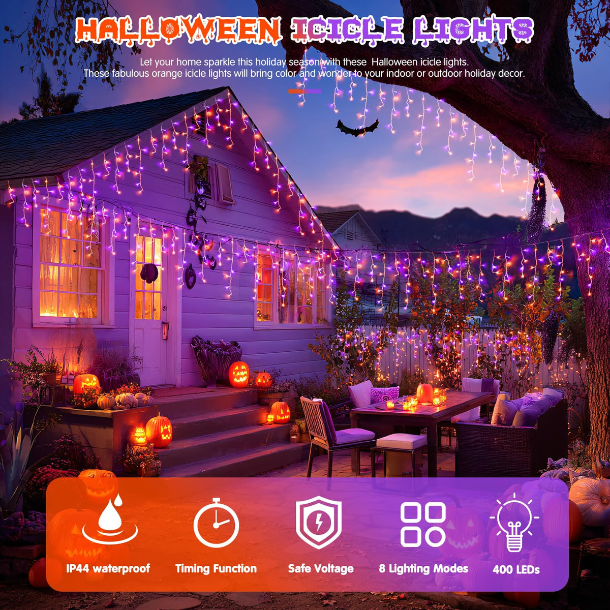 JMEXSUSS 400 LED Orange and Purple Christmas Lights Outdoor, 38.8 FT Orange and Purple Icicle Light Outdoor Waterproof, 8 Modes Halloween Lights Plug in for House Christmas Party Decorations