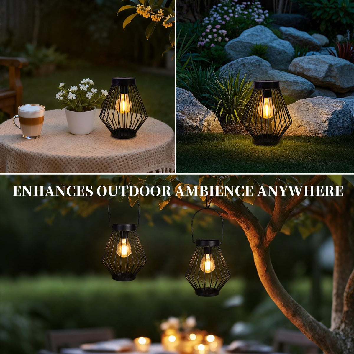 Solar Lanterns Outdoor Waterproof, 2 Pack Metal Decorative Hanging Lantern Lights with Warm White LED Bulb, Solar Powered Patio, Yard & Garden Decor, Ideal for Housewarming & Christmas Gifts