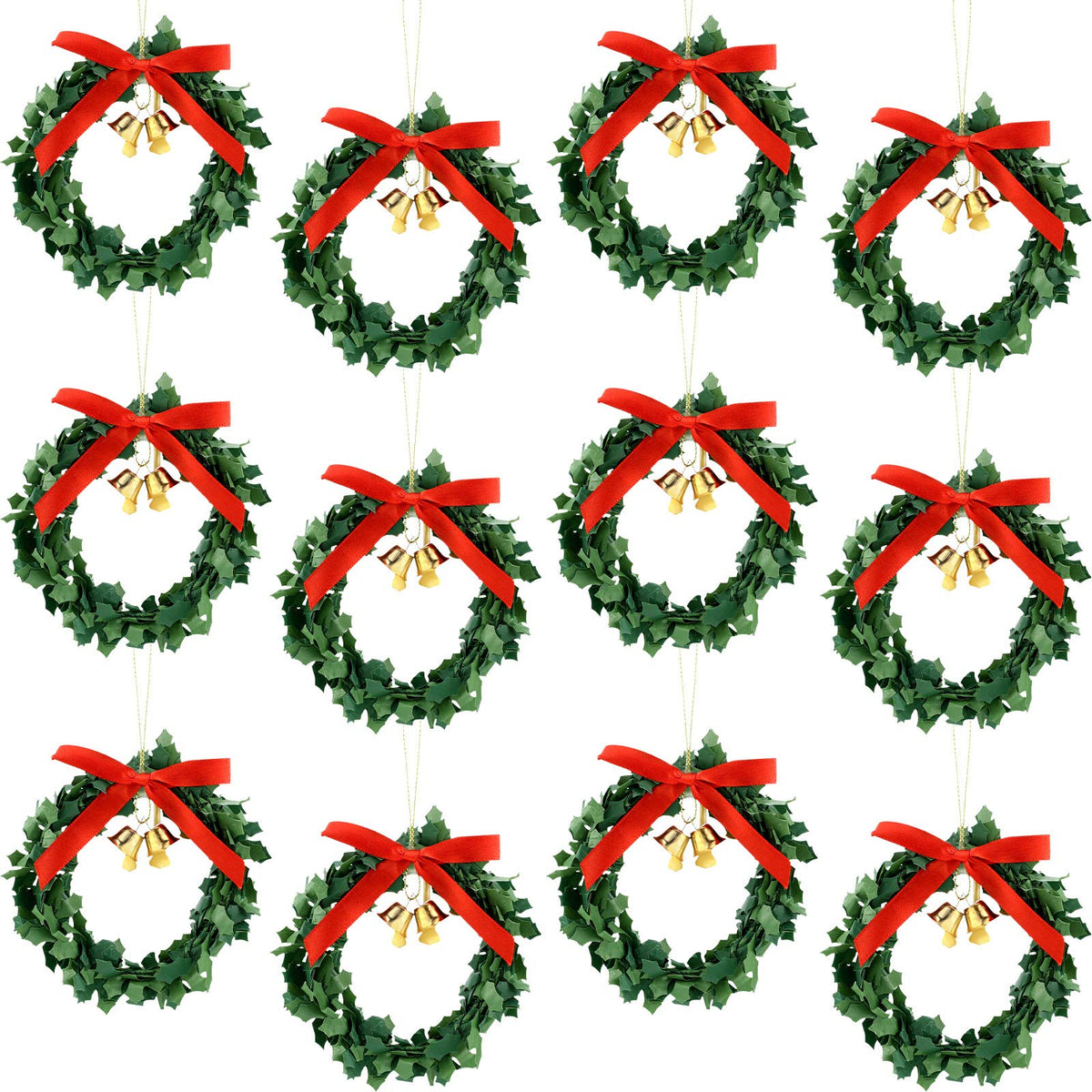 Syhood 12 Pcs Mini Christmas Wreaths for Cabinets with Gold Bells Small Kitchen Xmas Decor Christmas Cabinet Wreaths Ornament for Kitchen Chair Fireplace Farmhouse Home Decor (3.15 Inch,Red Bow)