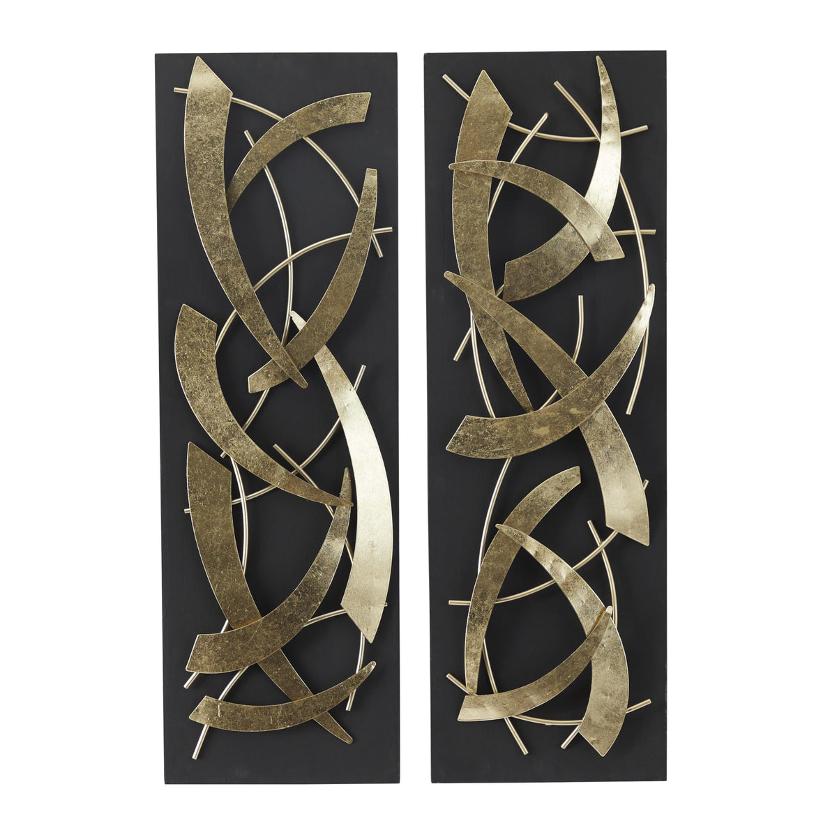 Deco 79 Metal Abstract Home Wall Decor Dimensional Wall Sculpture with Black Wood Backing, Set of 2 Wall Art 12"W, 36"H, Gold