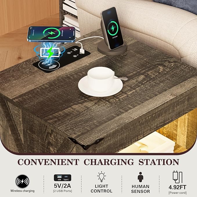 HWB LED Nightstand with Gun Drawer: Bedside Table with Charging Station