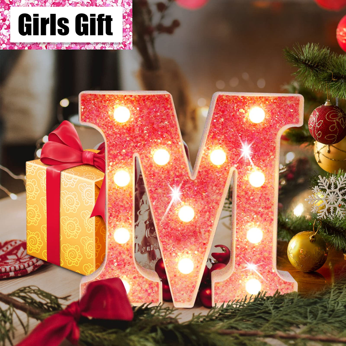 Light Up Letters, Glitter Alphabet Letter Sign Pink LED Marquee Letter Lights Battery Powered for Night Light Girls Bedroom Birthday Party Wedding Home Christmas Decorations Gift for Her-Pink D