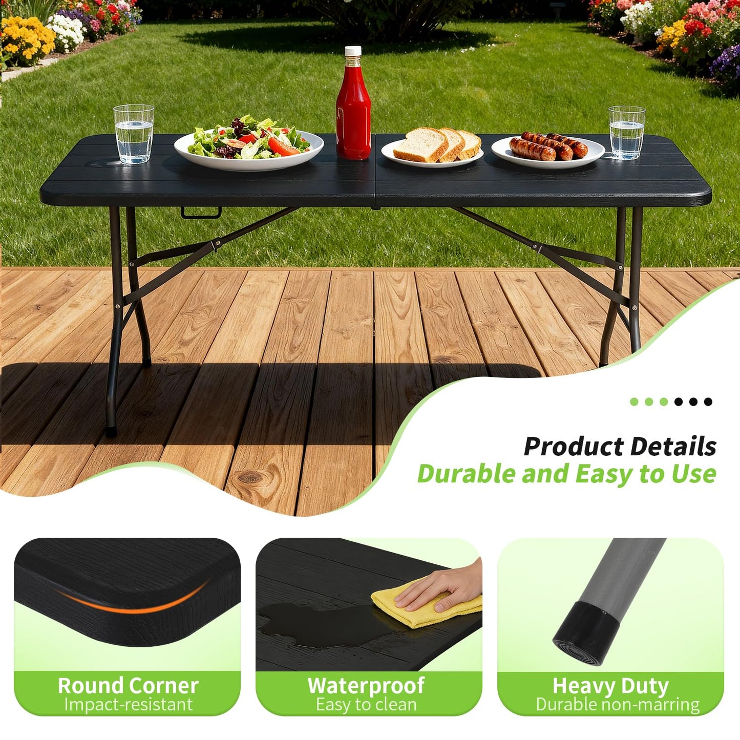 BestOffice 6 FT Picnic Table, Portable Plastic Folding Table with Carrying Handle Perfect for Picnics, Parties, Party and Camping, Black Wood Grain