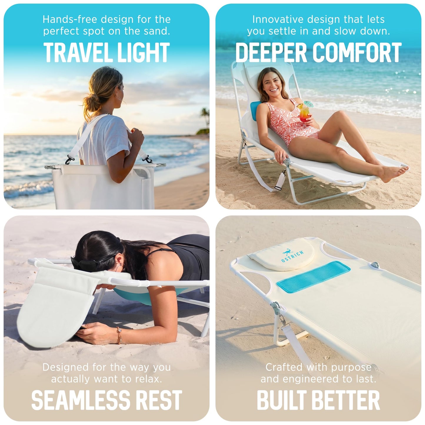 Ostrich the Ladies Comfort Lounger with Chest Support, Foldable and Portable Reclining Outdoor Patio Beach Lawn Camping Pool Tanning Chair, White
