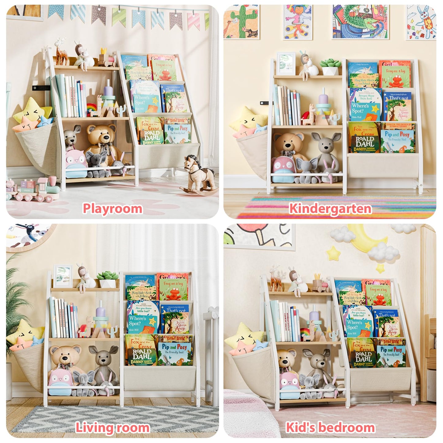 LATIBELL 3 Tier Kids Bookshelf and Toy Storage, Kids Bookcase Book Sling Shelf, Montessori Baby Toddler Bookshelf, Toy Storage Organizer, for Playroom, Bedroom, Nursery (Burlywood)